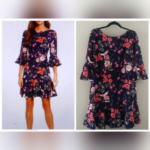 Birds & Floral Pattern Bell Sleeve Flounce Ruffle Hem Dress sz 14
